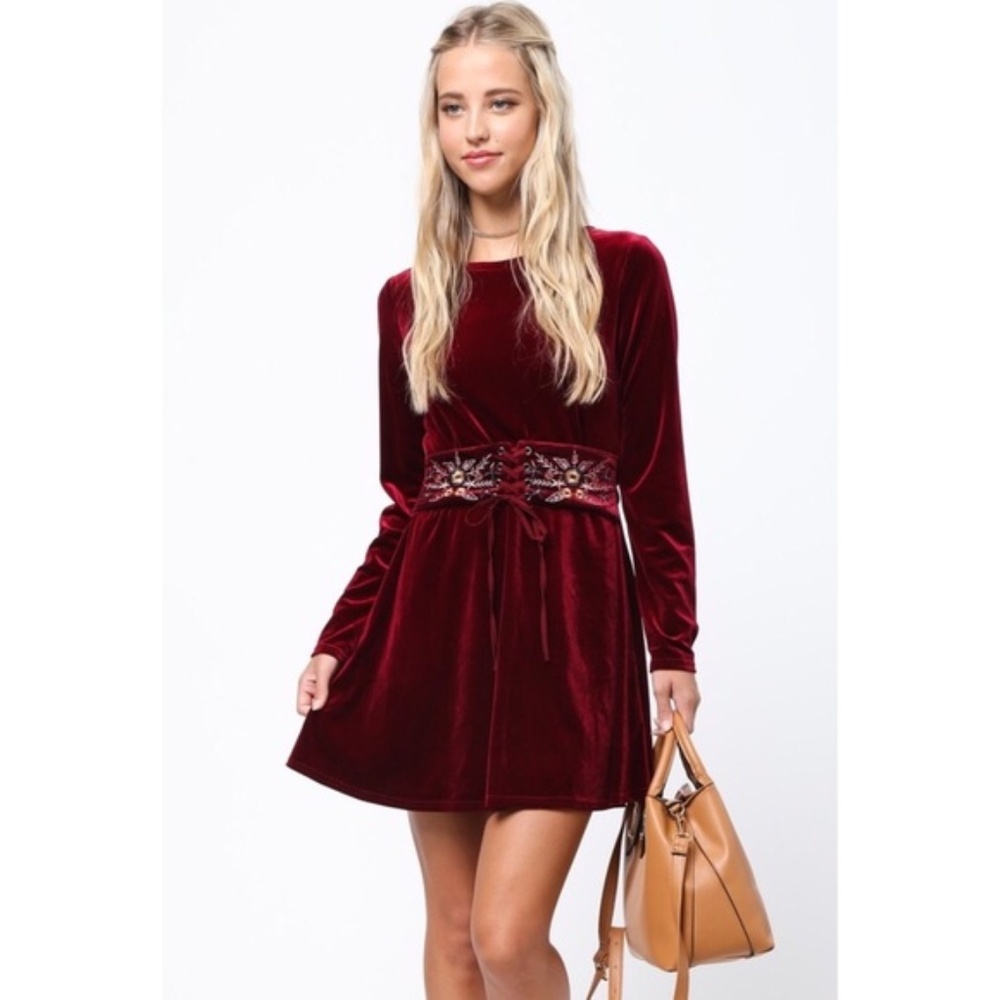 LOVE RICHE Boho Tie-Waist Velvet Dress - Picture 1 of 3